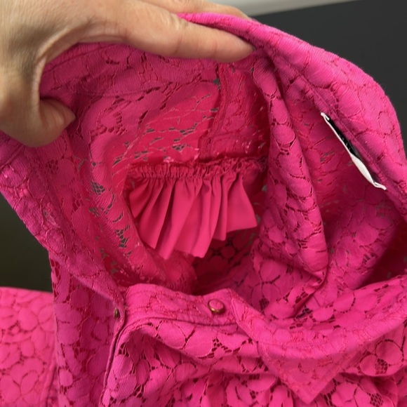 Milly Hot Pink All Over Lace Button Up Shirt Medium Puff Sleeve Semi Sheer - Picture 5 of 15